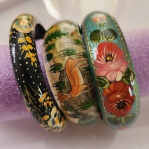 Folk Art Hand-Painted Lacquered Wooden Bangle Bracelets